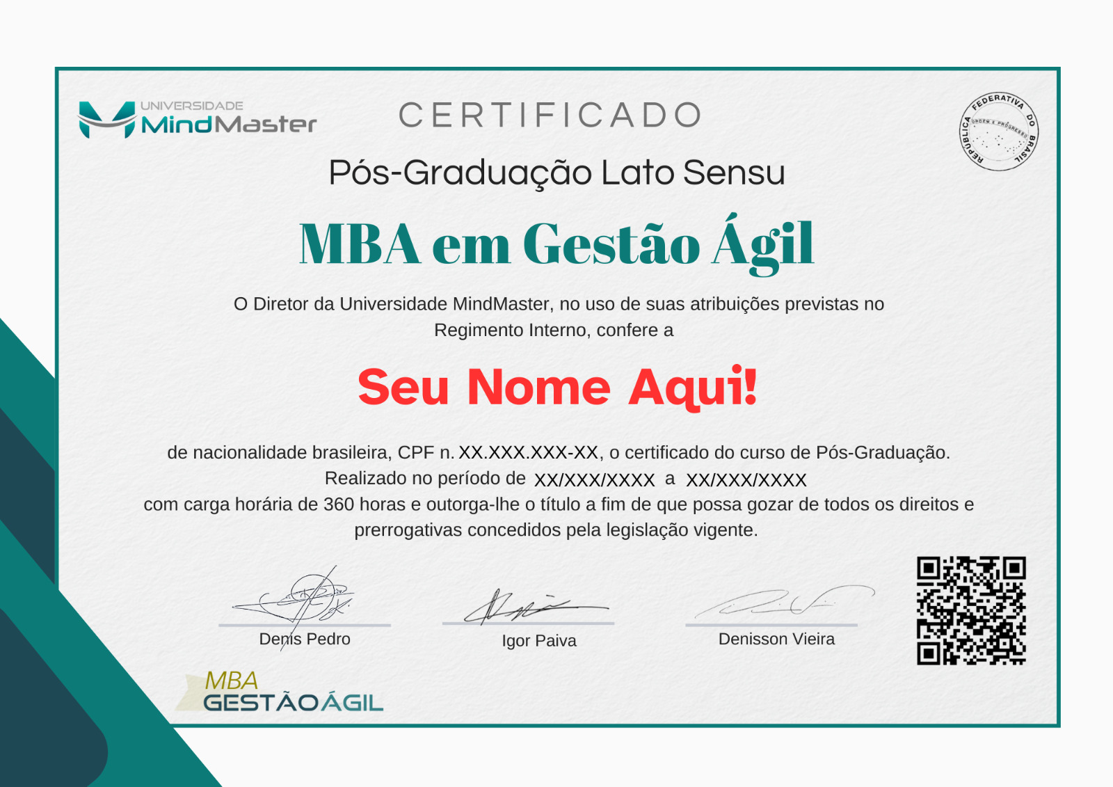 Certificado do MBA em Gestão Ágil da MindMaster